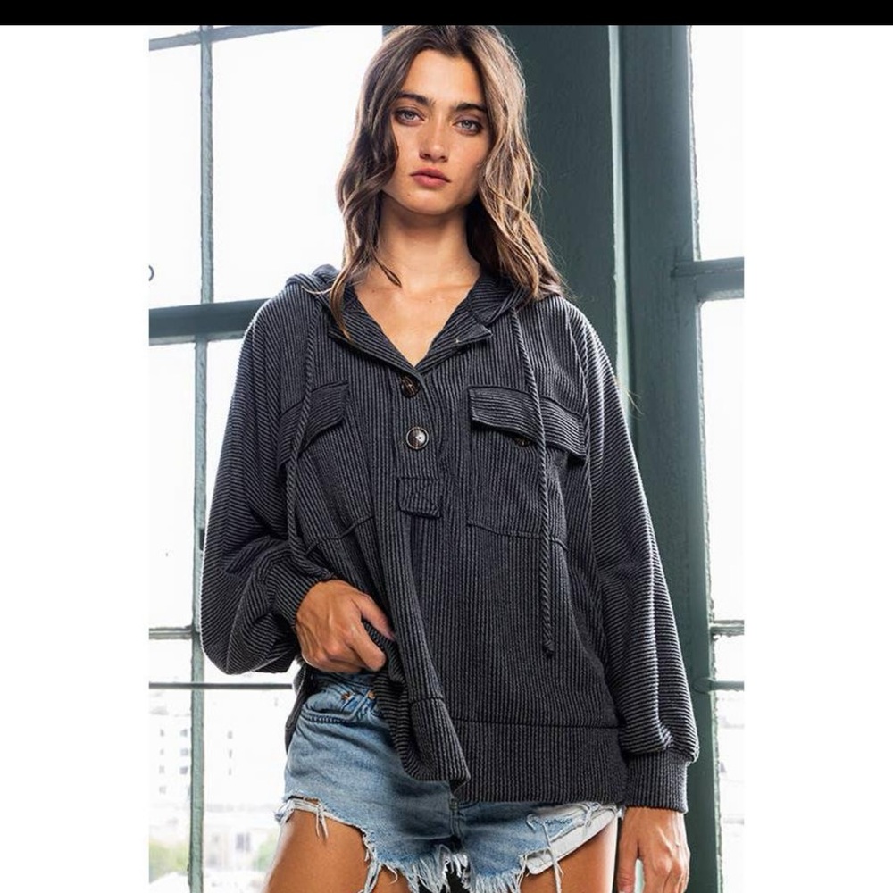 Black Striped Hoodie with Front Pockets